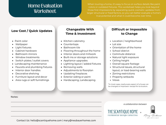 Home Tour Evaluation Worksheet (Real Estate)