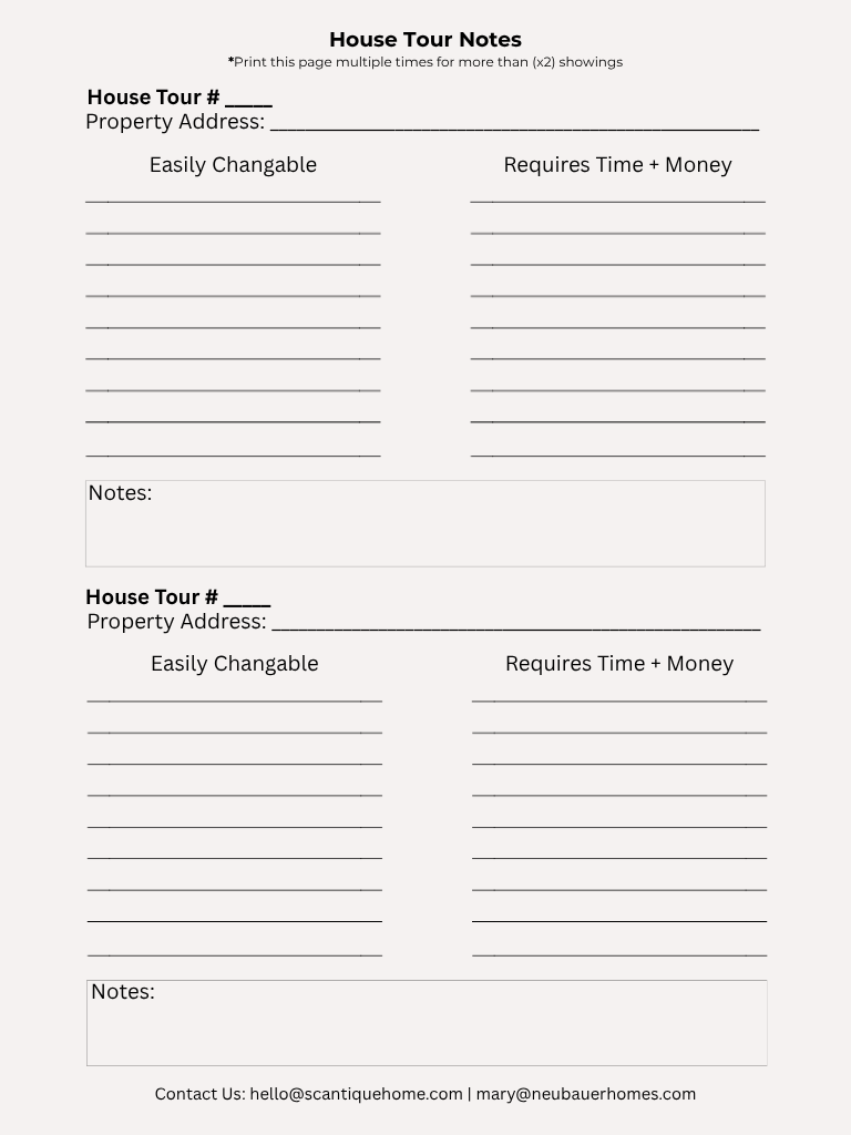 Home Tour Evaluation Worksheet (Real Estate)